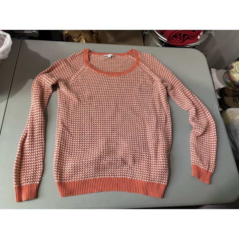 Gap Sweater Women's XL Orange White Knit Round Neck Long Sleeve 100% Cotton Vtg